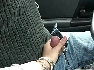Naughty brunette gives a handjob and blowjob in the car