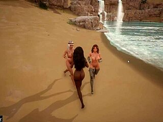 Trei fete se răsfăț într-un trio sălbatic pe plajă