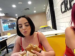 Tattooed angel Duda Pimentinha and other new girls prepare for sex in McDonald's