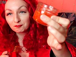 Redhead beauty enjoys an asmr mukbang with redcurry