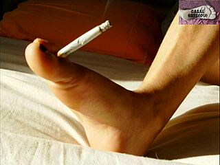 Feminios from Portugal enjoy smoking and feet in a gay video