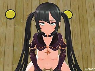 Sensual cowgirl hentai with Genshin Impact Mona and her black hair update by Smixix