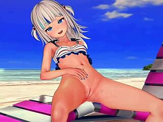 Anime girl Gawr gura menikmati sesi bercinta liar di pantai
