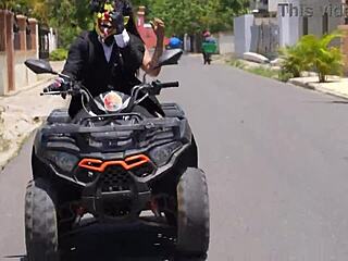 A Latina woman is offered a ride on an ATV and has rough sex with a stranger in a highly visible location.