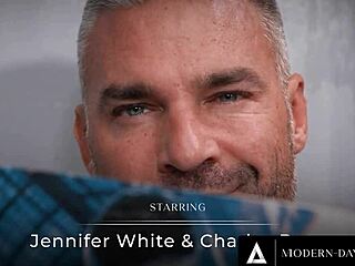 Jennifer White's near-discovery by Charles Dera leads to intense creampie